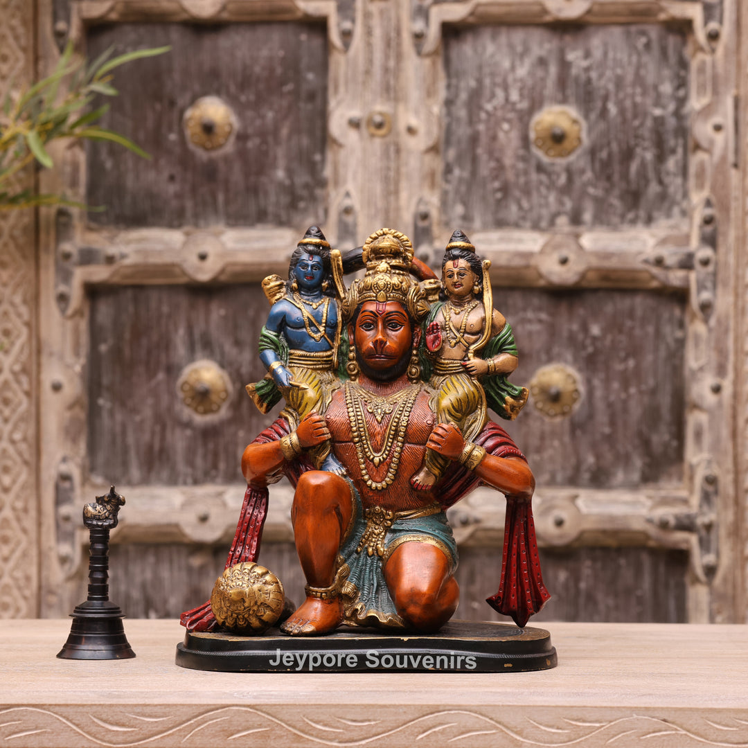 13" Handcrafted Brass Hanuman Carrying Lord Ram &amp; Lakshman Idol