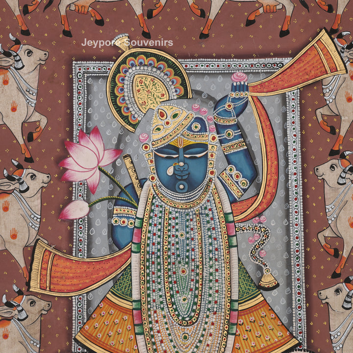 Shrinathji with Sacred Cow Border – Pichwai Painting