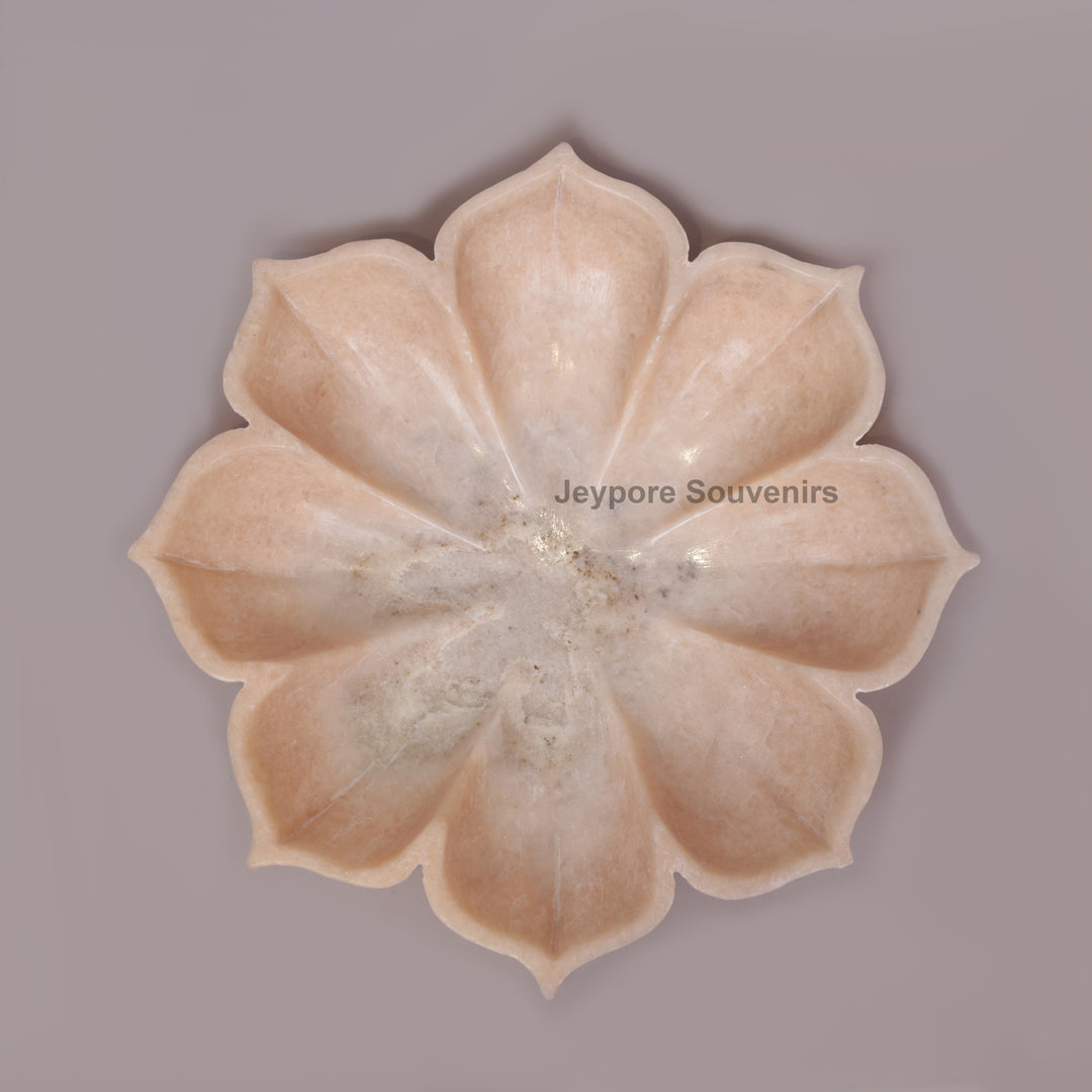 Hand-Carved Pink Marble Lotus Flower Bowl with Scalloped Petal Design