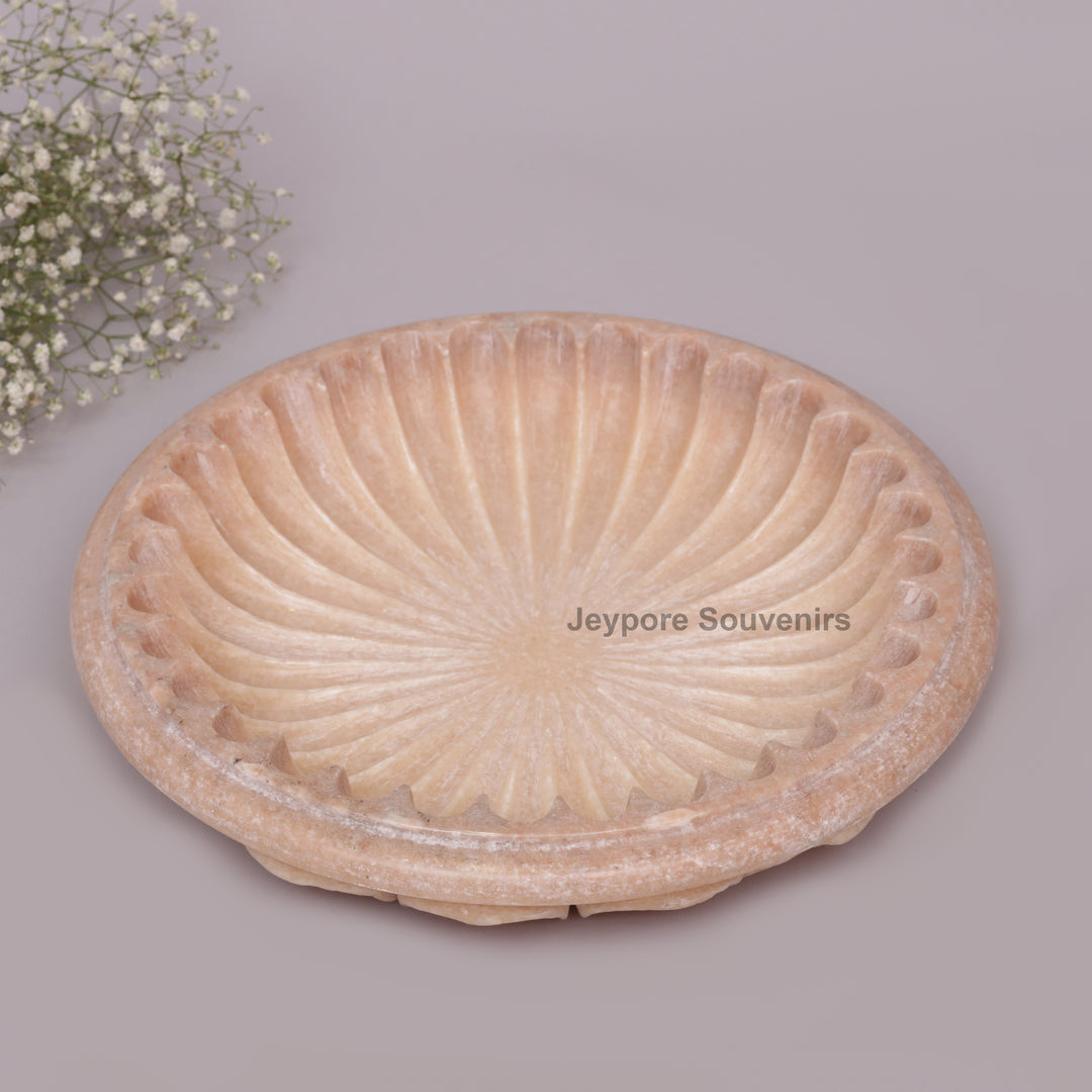 Hand-Carved Pink Marble Decorative Bowl with Fluted Petal Design
