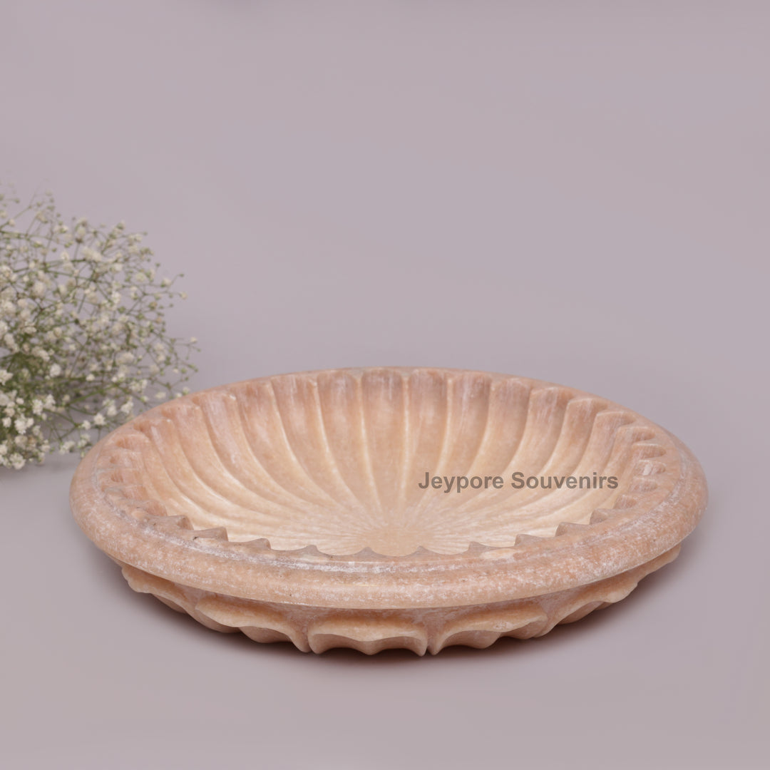 Hand-Carved Pink Marble Decorative Bowl with Fluted Petal Design