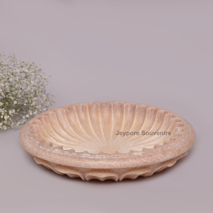 Hand-Carved Pink Marble Decorative Bowl with Fluted Petal Design