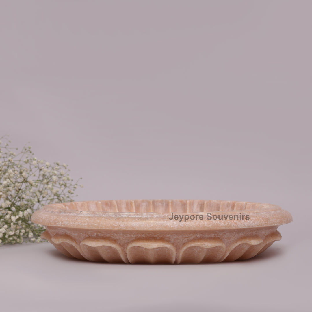 Hand-Carved Pink Marble Decorative Bowl with Fluted Petal Design