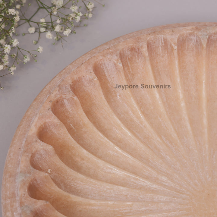 Hand-Carved Pink Marble Decorative Bowl with Fluted Petal Design