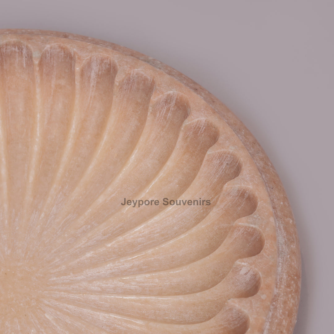 Hand-Carved Pink Marble Decorative Bowl with Fluted Petal Design