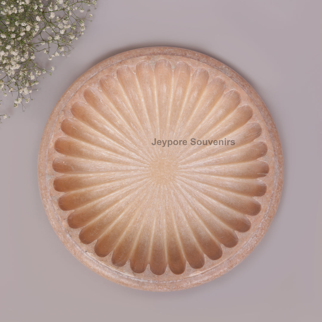 Hand-Carved Pink Marble Decorative Bowl with Fluted Petal Design