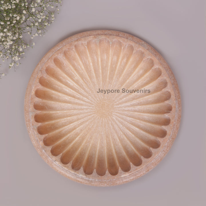 Hand-Carved Pink Marble Decorative Bowl with Fluted Petal Design