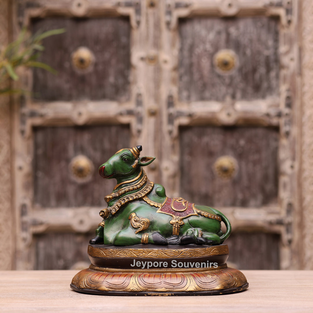 10" Handcrafted Multicolor Brass Nandi Bull Idol for Home Temple