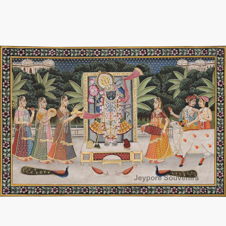Shrinathji with Devotees &amp; Sacred Cows – Pichwai