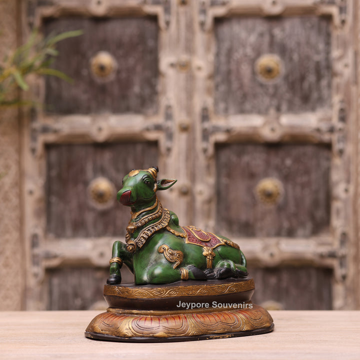 10" Handcrafted Multicolor Brass Nandi Bull Idol for Home Temple