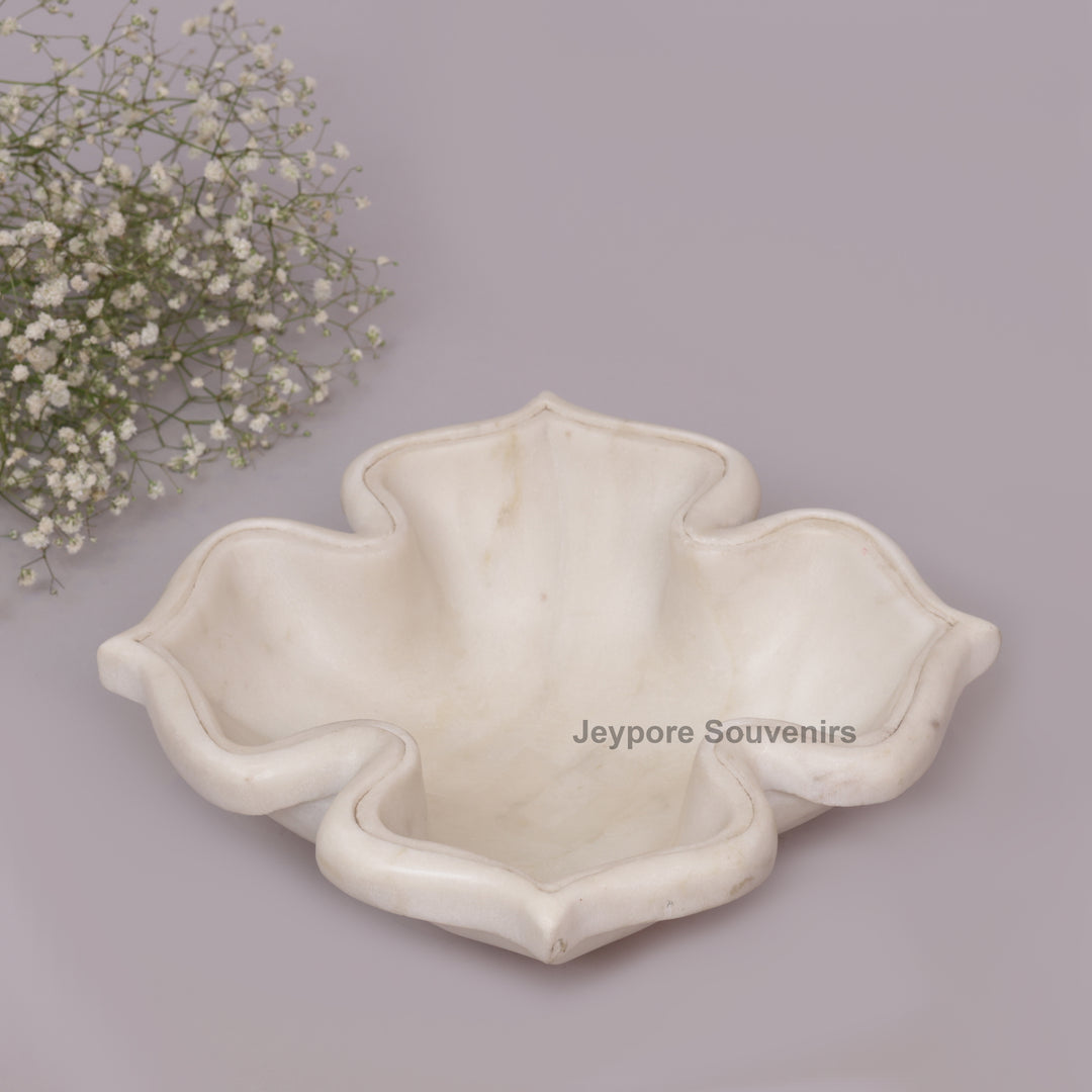 White Marble Decorative Lotus Design Bowl with Open Flower Shaped