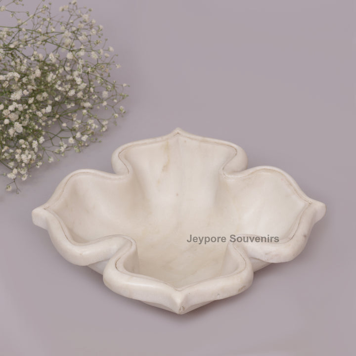 White Marble Decorative Lotus Design Bowl with Open Flower Shaped