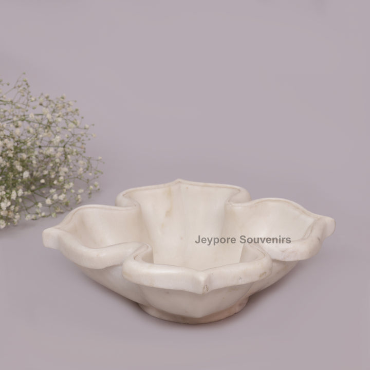 White Marble Decorative Lotus Design Bowl with Open Flower Shaped