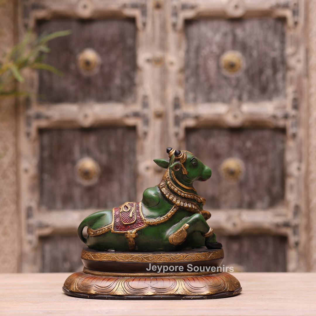 10" Handcrafted Multicolor Brass Nandi Bull Idol for Home Temple