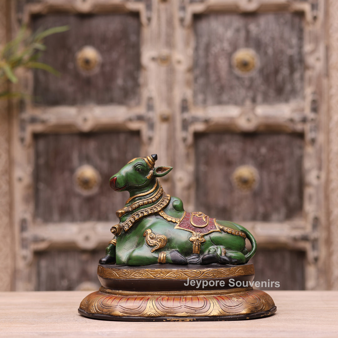 10" Handcrafted Multicolor Brass Nandi Bull Idol for Home Temple