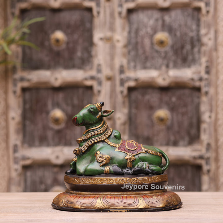 10" Handcrafted Multicolor Brass Nandi Bull Idol for Home Temple