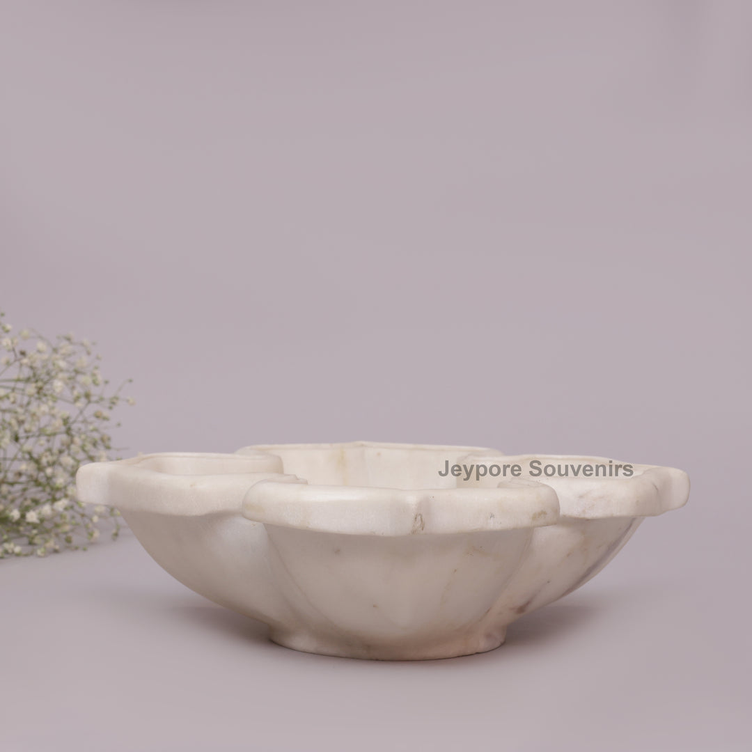 White Marble Decorative Lotus Design Bowl with Open Flower Shaped