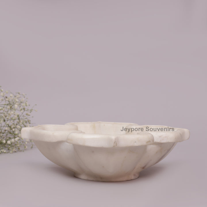 White Marble Decorative Lotus Design Bowl with Open Flower Shaped