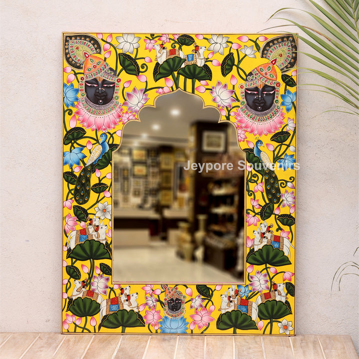 Traditional Pichwai Wooden Jharokha Mirror with Lotus, Cow &amp; Shrinath Ji Motifs