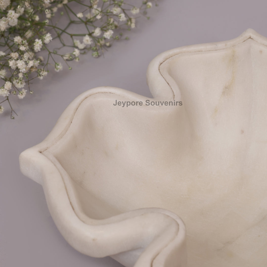 White Marble Decorative Lotus Design Bowl with Open Flower Shaped