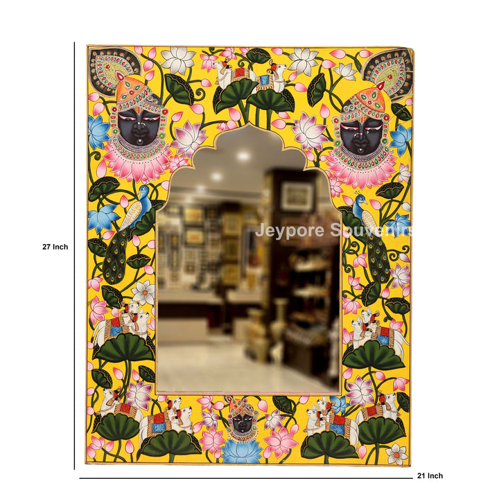Traditional Pichwai Wooden Jharokha Mirror with Lotus, Cow &amp; Shrinath Ji Motifs
