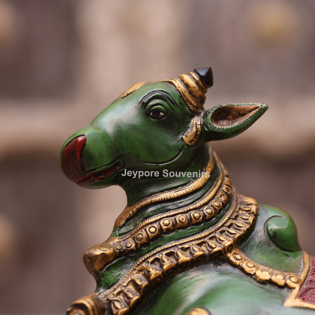 10" Handcrafted Multicolor Brass Nandi Bull Idol for Home Temple