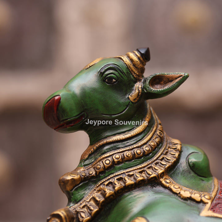 10" Handcrafted Multicolor Brass Nandi Bull Idol for Home Temple