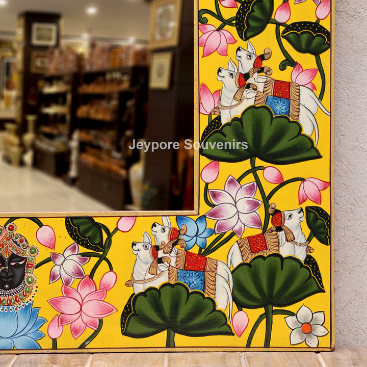 Traditional Pichwai Wooden Jharokha Mirror with Lotus, Cow &amp; Shrinath Ji Motifs