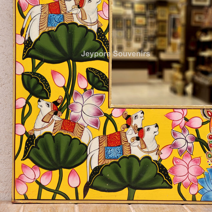 Traditional Pichwai Wooden Jharokha Mirror with Lotus, Cow &amp; Shrinath Ji Motifs