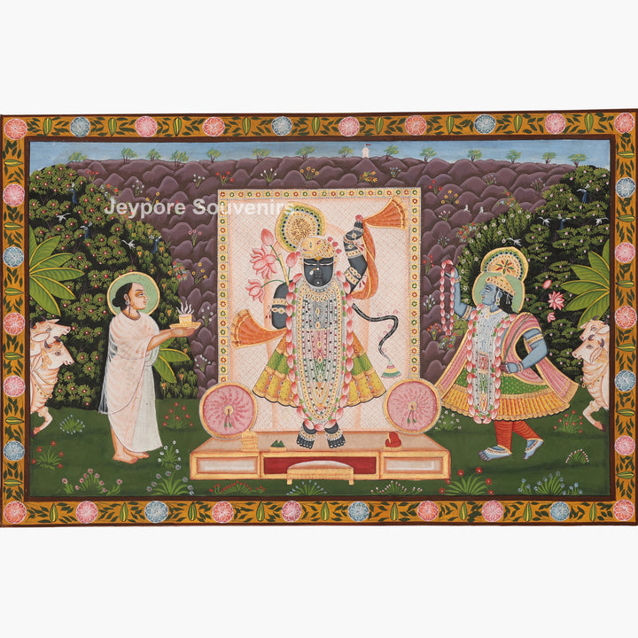 Shrinathji with Devotees &amp; Sacred Cows - Pichwai