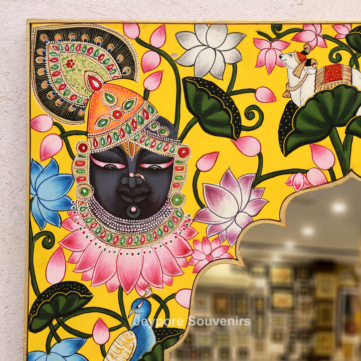 Traditional Pichwai Wooden Jharokha Mirror with Lotus, Cow &amp; Shrinath Ji Motifs