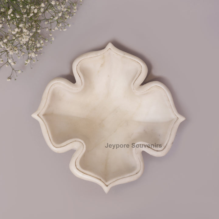 White Marble Decorative Lotus Design Bowl with Open Flower Shaped
