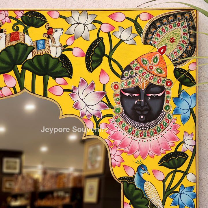Traditional Pichwai Wooden Jharokha Mirror with Lotus, Cow &amp; Shrinath Ji Motifs