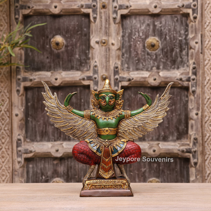 12" Hand-Carved Thai Garuda Brass Statue in Green &amp; Gold Finish