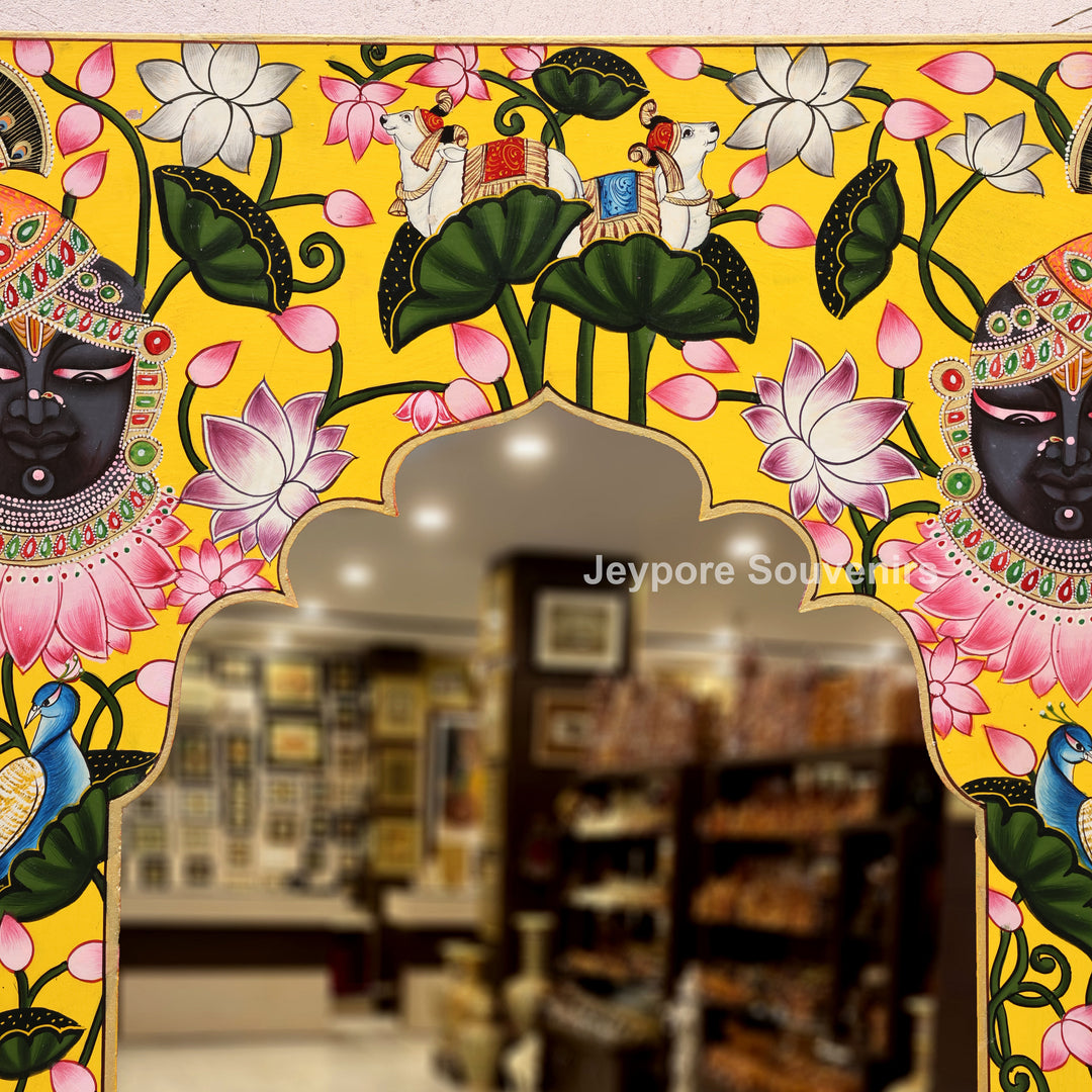 Traditional Pichwai Wooden Jharokha Mirror with Lotus, Cow &amp; Shrinath Ji Motifs