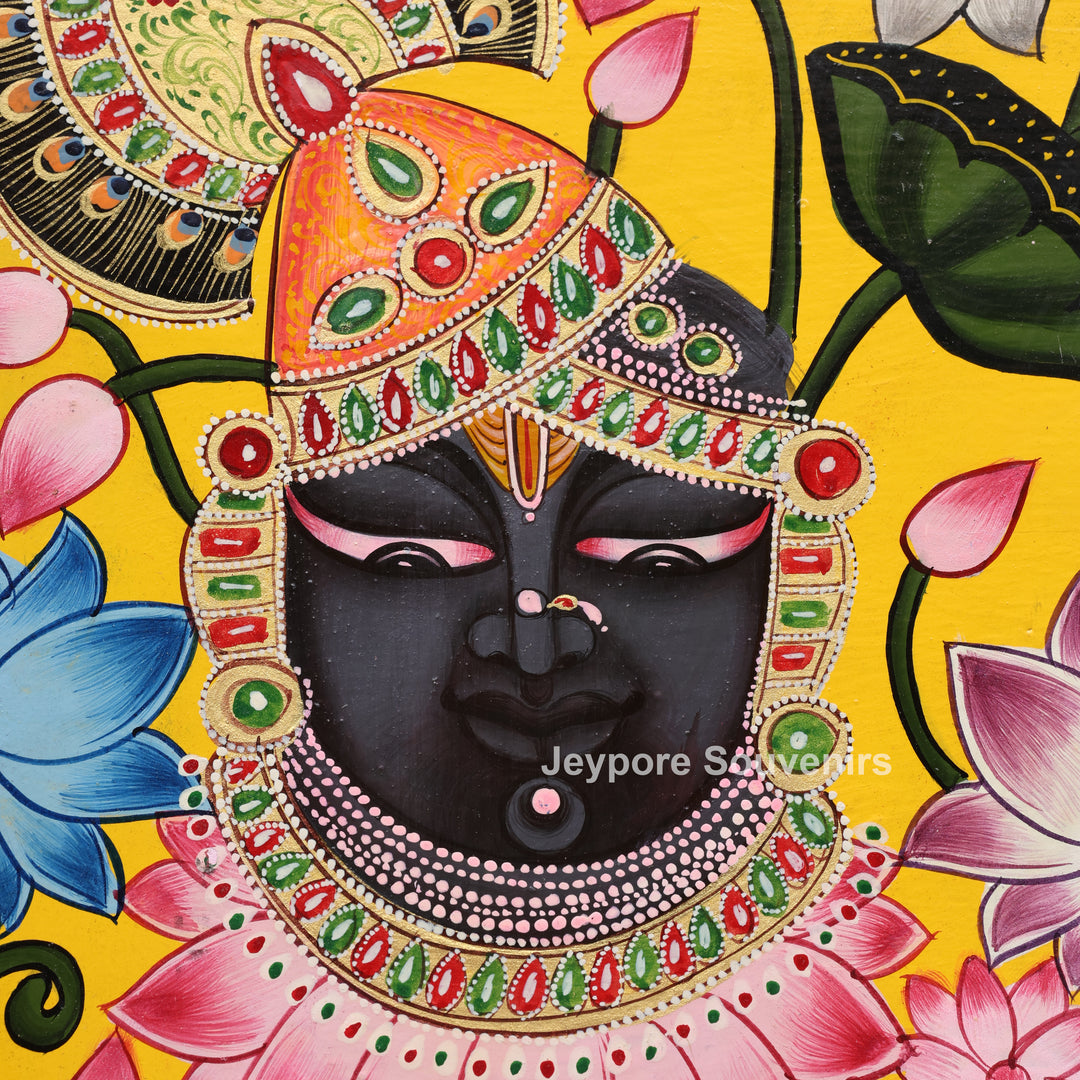Traditional Pichwai Wooden Jharokha Mirror with Lotus, Cow &amp; Shrinath Ji Motifs