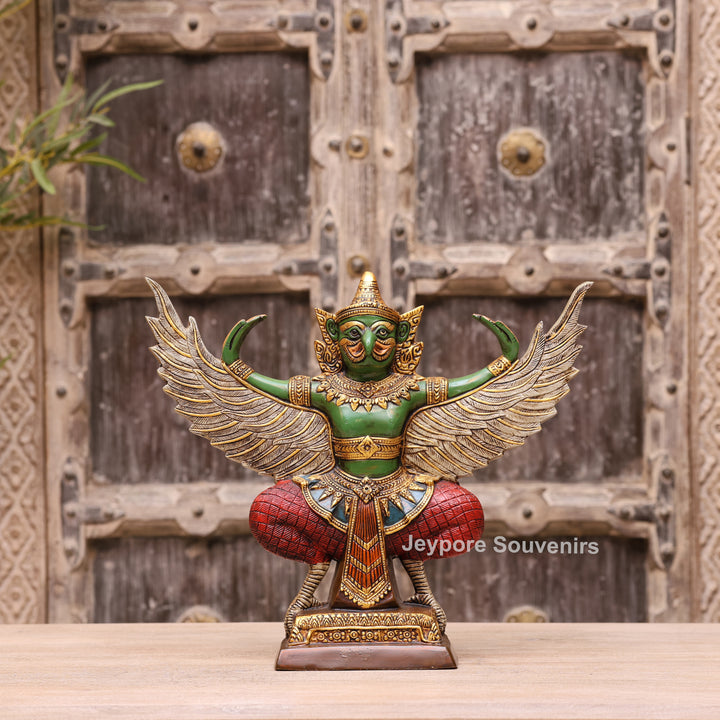 12" Hand-Carved Thai Garuda Brass Statue in Green &amp; Gold Finish