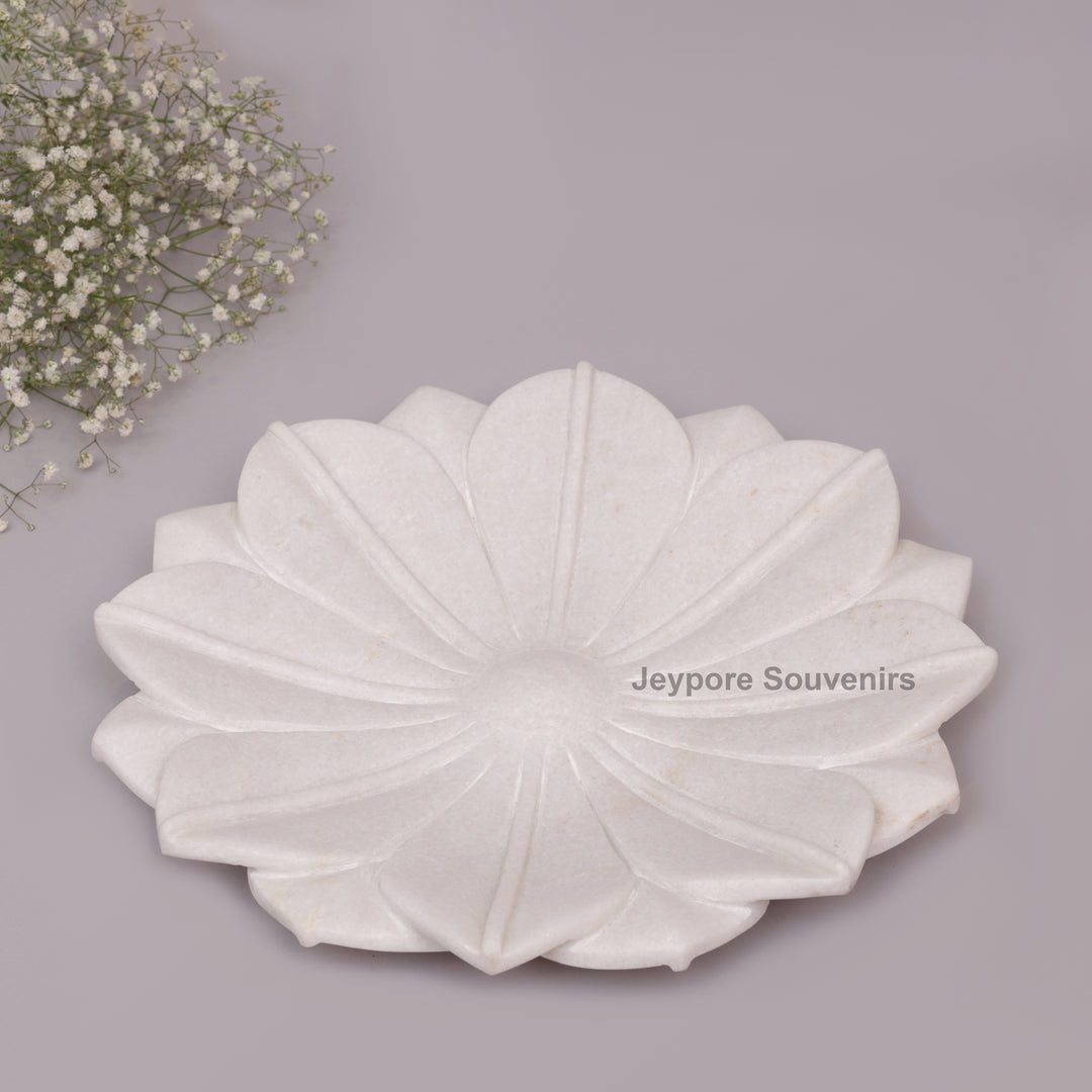 Hand-Carved White Marble Lotus Decorative Tray Style Urli Bowl