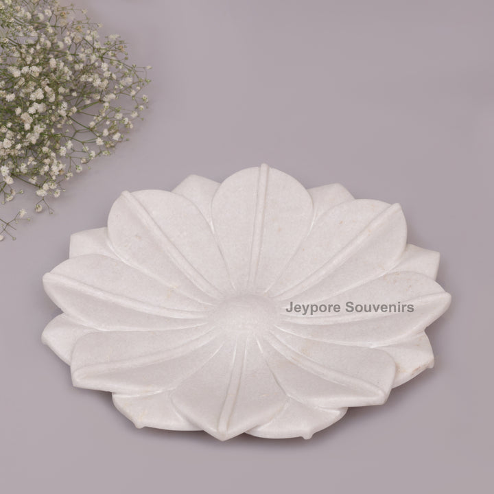 Hand-Carved White Marble Lotus Decorative Tray Style Urli Bowl