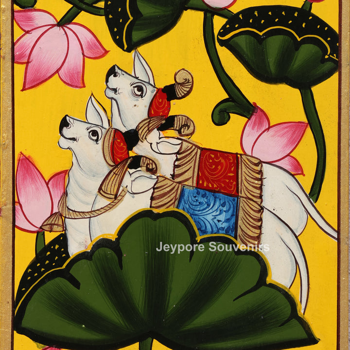 Traditional Pichwai Wooden Jharokha Mirror with Lotus, Cow &amp; Shrinath Ji Motifs