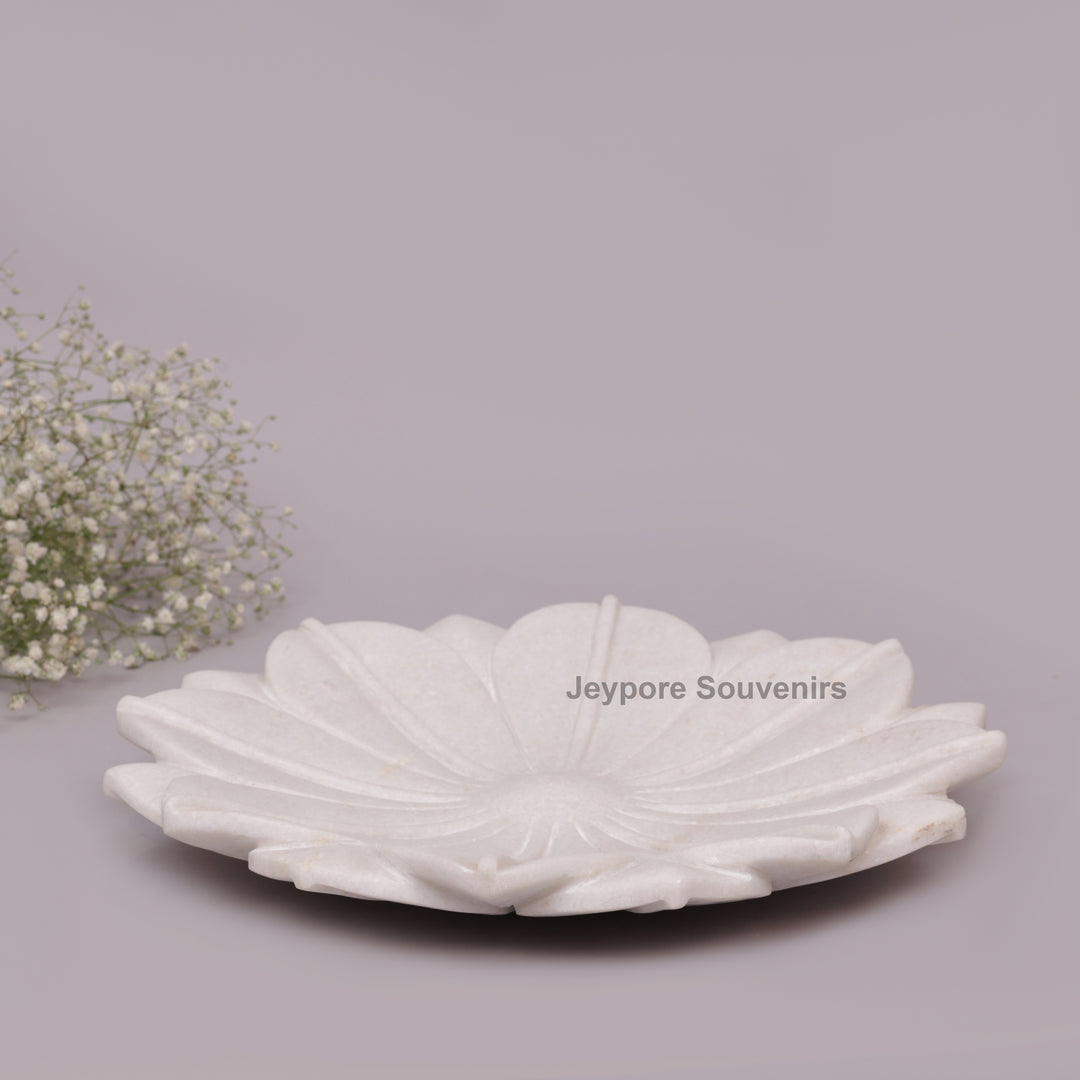 Hand-Carved White Marble Lotus Decorative Tray Style Urli Bowl