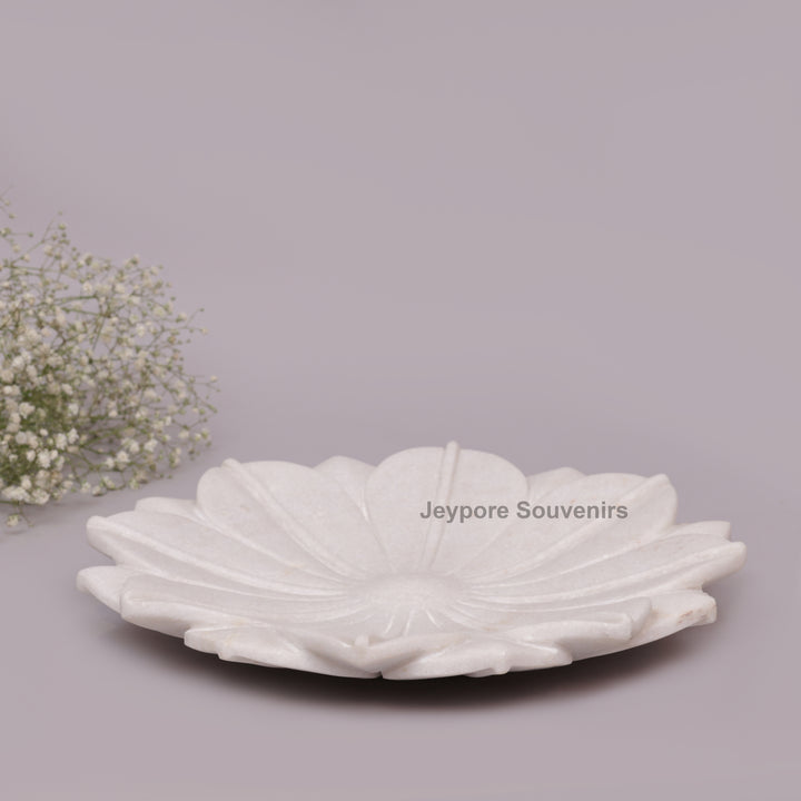 Hand-Carved White Marble Lotus Decorative Tray Style Urli Bowl