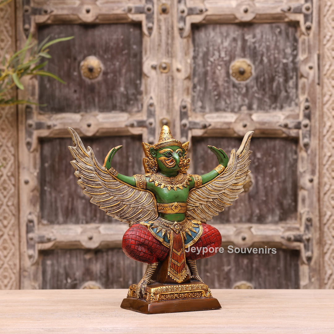 12" Hand-Carved Thai Garuda Brass Statue in Green &amp; Gold Finish