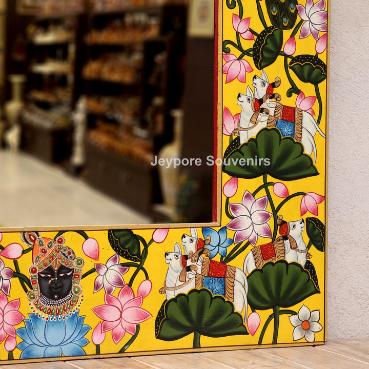 Traditional Pichwai Wooden Jharokha Mirror with Lotus, Cow &amp; Shrinath Ji Motifs