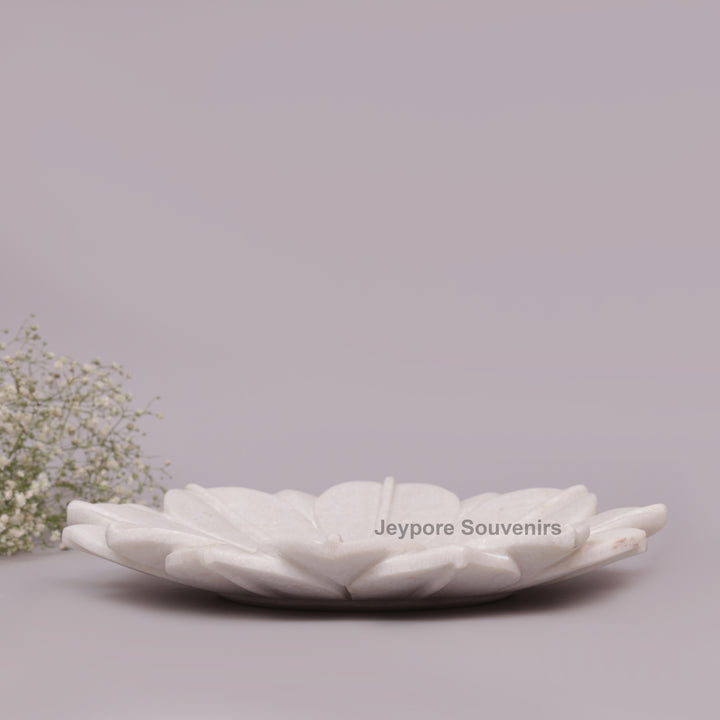Hand-Carved White Marble Lotus Decorative Tray Style Urli Bowl