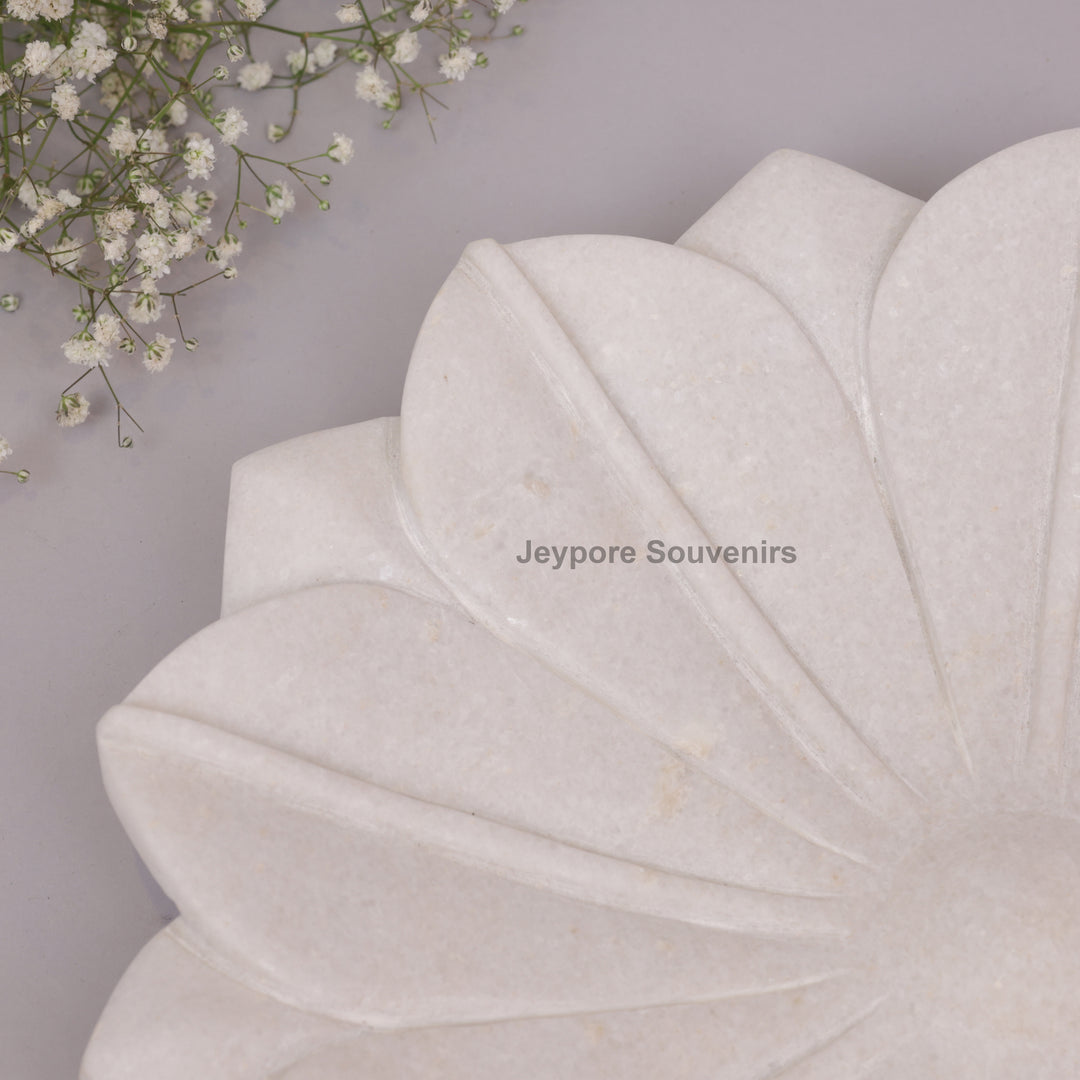 Hand-Carved White Marble Lotus Decorative Tray Style Urli Bowl