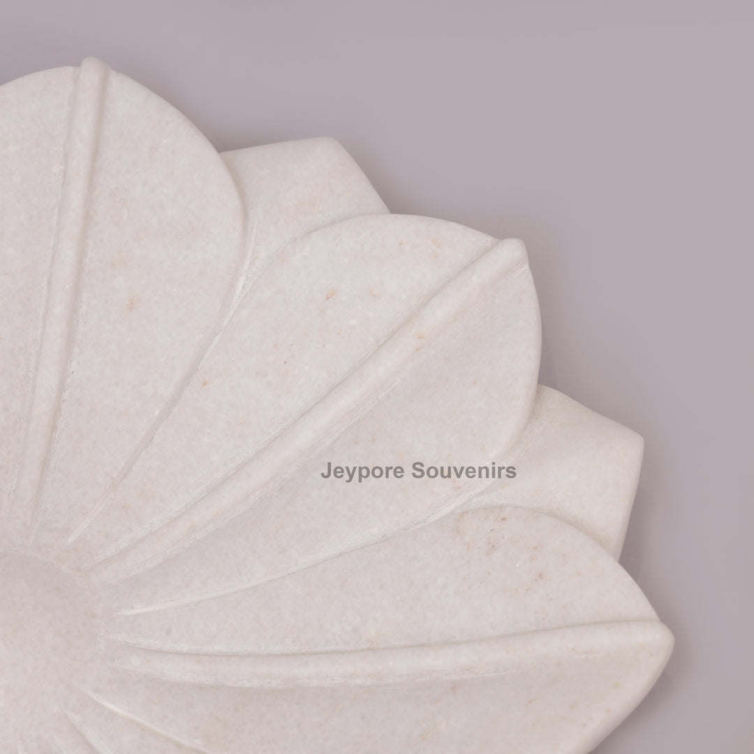 Hand-Carved White Marble Lotus Decorative Tray Style Urli Bowl