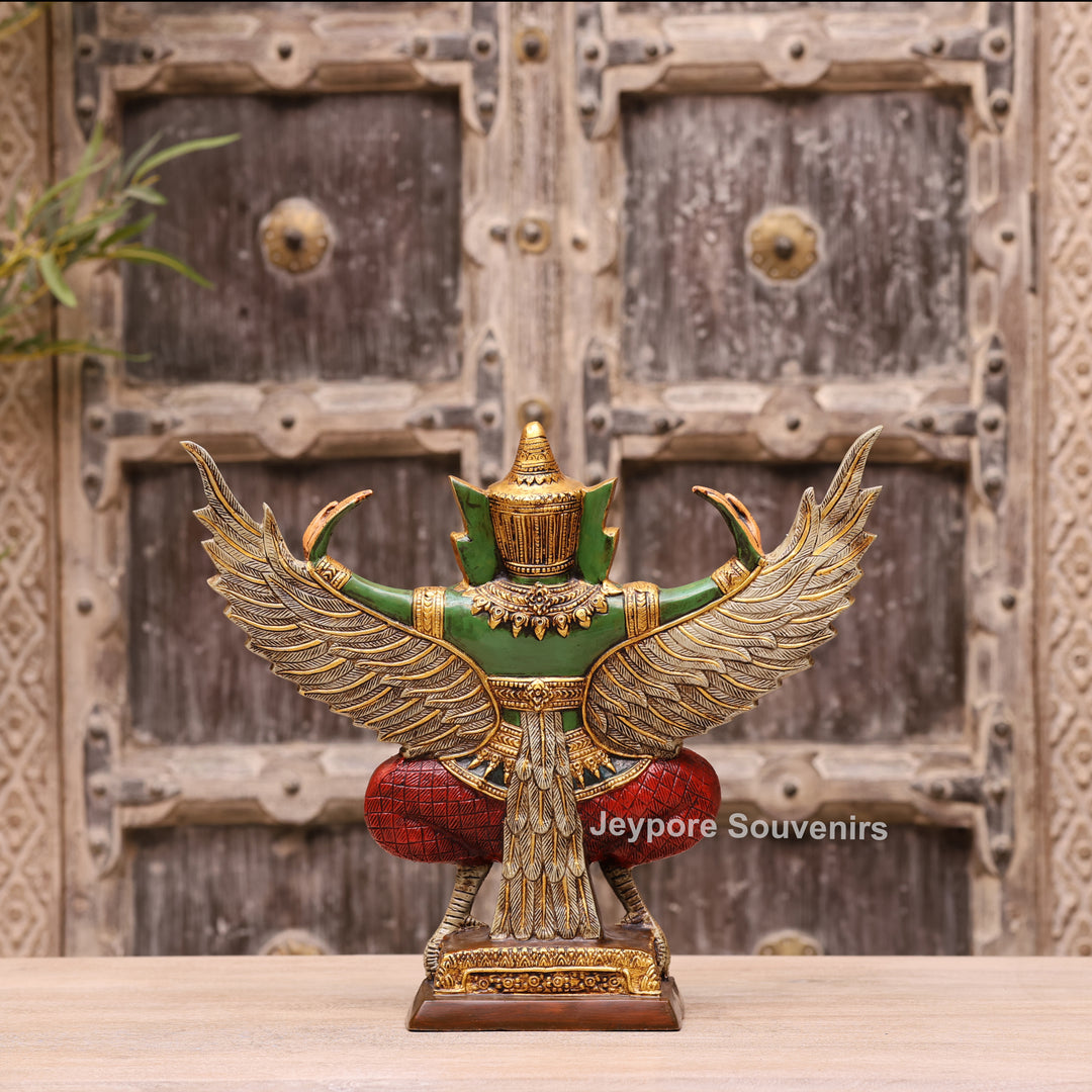 12" Hand-Carved Thai Garuda Brass Statue in Green &amp; Gold Finish