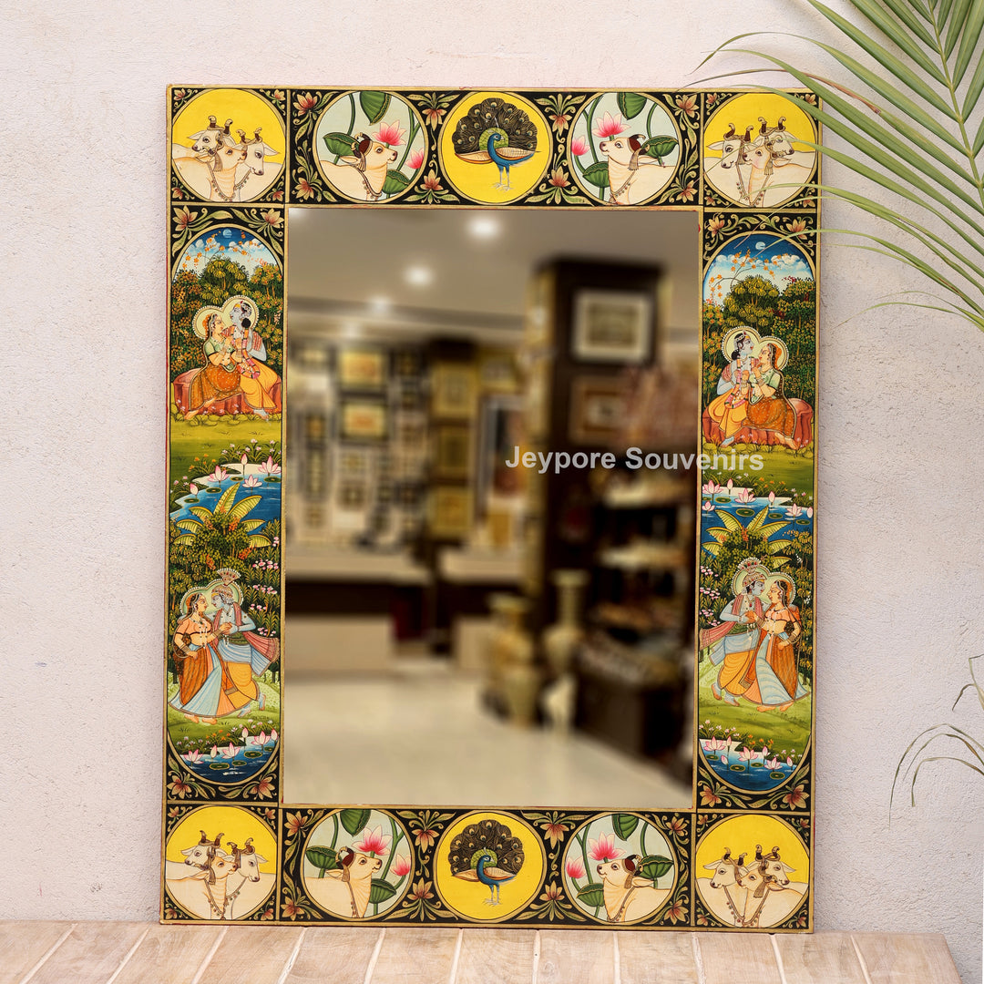 Hand-Painted Pichwai Jharokha Wall Mirror with Radha Krishna, Cow &amp; Peacock Motifs
