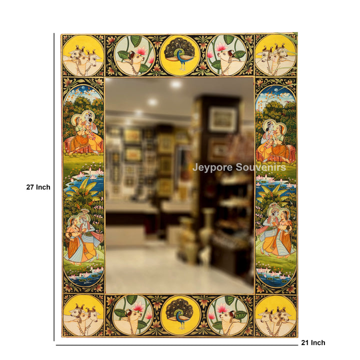 Hand-Painted Pichwai Jharokha Wall Mirror with Radha Krishna, Cow &amp; Peacock Motifs